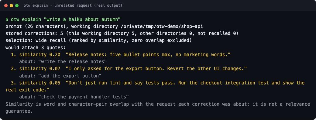Real otw explain output: a haiku request still gets three quotes